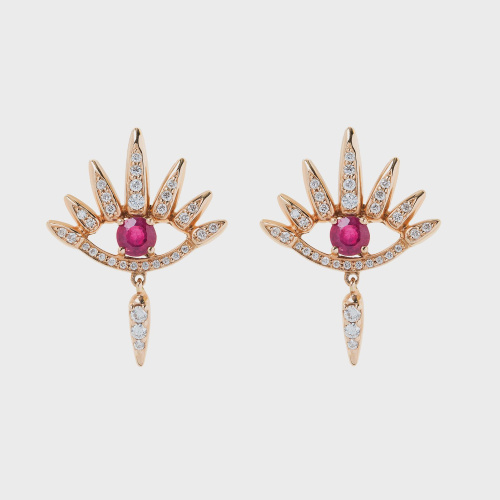 Rose gold small earrings with white diamonds and rubies