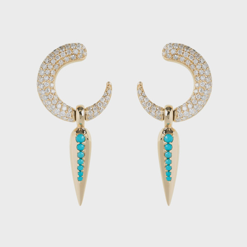 Yellow gold earrings with white diamonds and turquoises