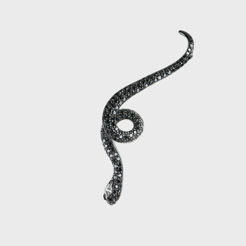 Black gold snake earcuff with black diamonds, white diamonds and ruby