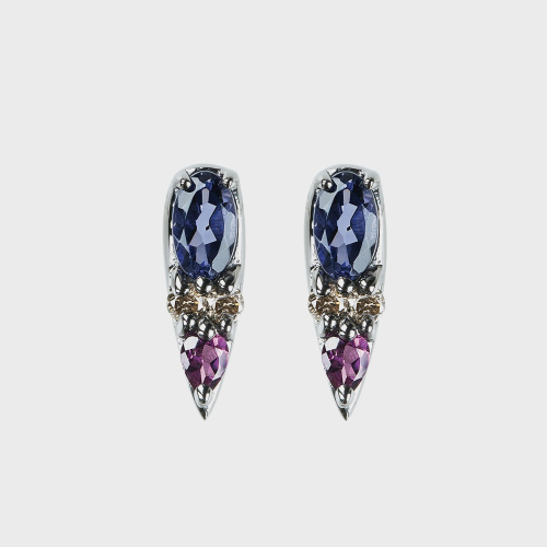 Black gold earring studs with brown diamonds, iolites  and rhodolites