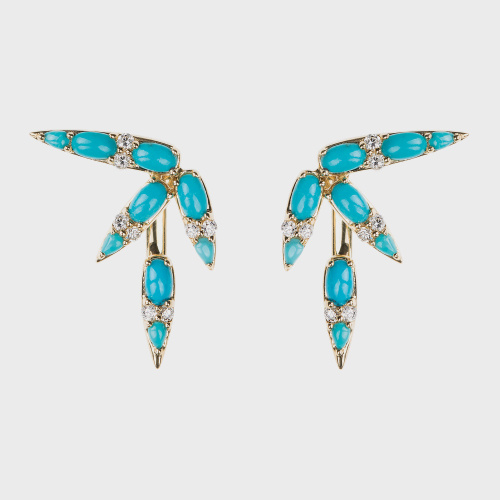 Yellow gold earrings with turquoises and white diamonds