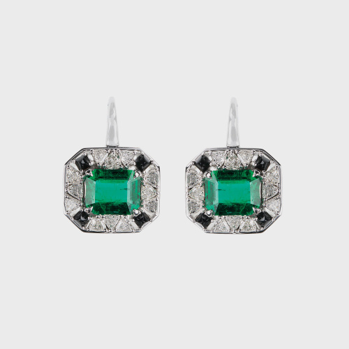 White gold earrings with white trillion diamonds, emeralds and black onyx