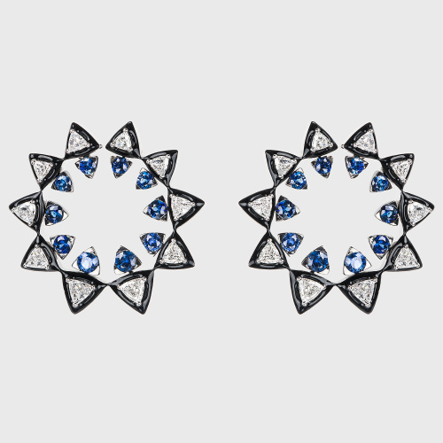 White gold hoop earrings with trillion blue sapphires, white diamonds and black enamel