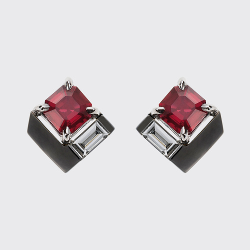 White and black gold stud earrings with rubies and white diamonds