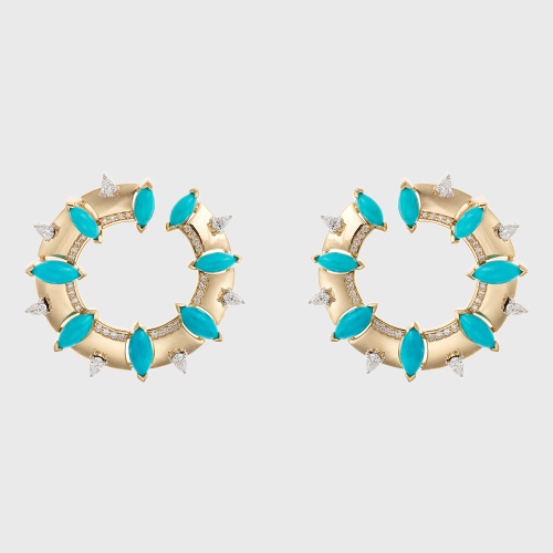 Yellow gold hoop earrings with turquoises and white diamonds