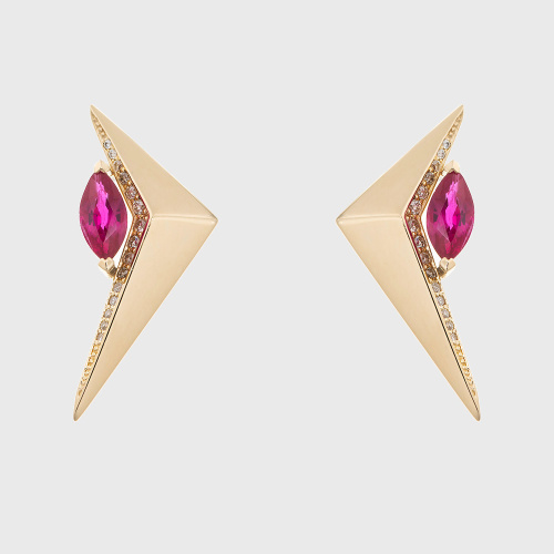 Yellow gold small earrings with rubies and white diamonds