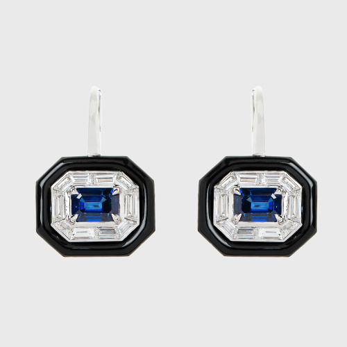 White gold earrings with blue sapphires, white diamond baguettes and black enamel