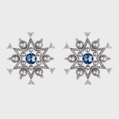 White gold earrings with white diamonds, blue sapphires and silver pearls
