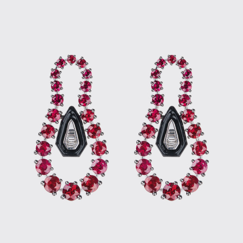 White gold small earrings with rubies, white diamonds and black enamel