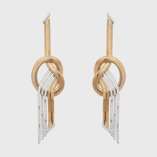 Yellow gold chain fringe earrings with white diamonds