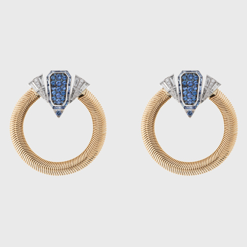 Yellow gold chain hoop earrings with blue sapphires and white diamonds