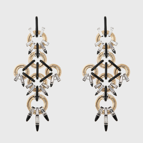 Yellow gold chain chandelier earrings with tapered white diamonds and black enamel