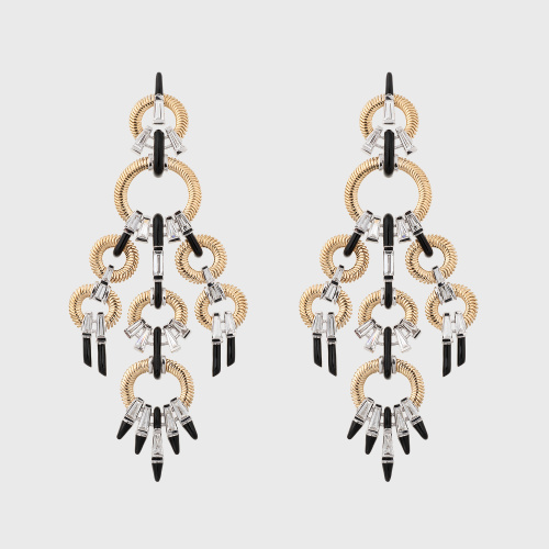 Yellow gold chain chandelier earrings with tapered white diamonds and black enamel