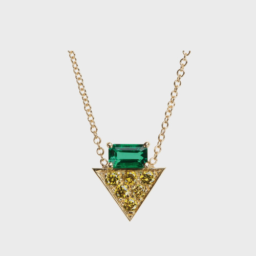 Yellow gold pendant necklace with yellow diamonds and emeralds