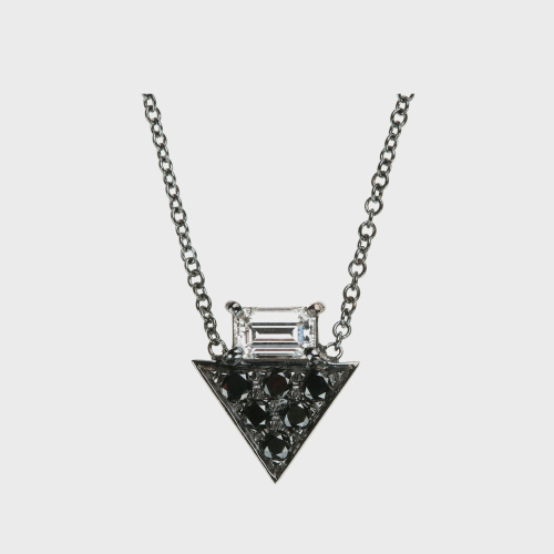 Black gold pendant necklace with white diamond baguette and black diamonds