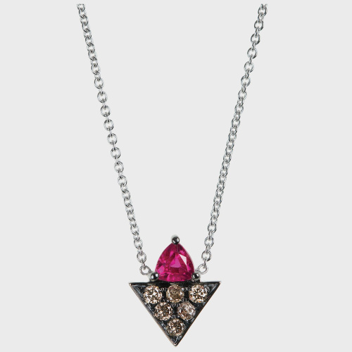 Black gold pendant necklace with brown diamonds and ruby