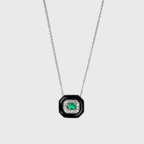 White gold pendant necklace with emerald, white diamonds and black enamel