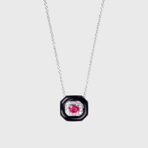 White gold pendant necklace with ruby, white diamonds and black enamel