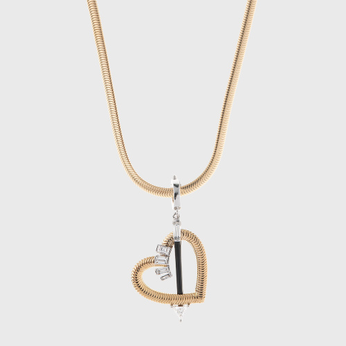 Yellow gold chain heart pendant with white diamond baguettes and black enamel