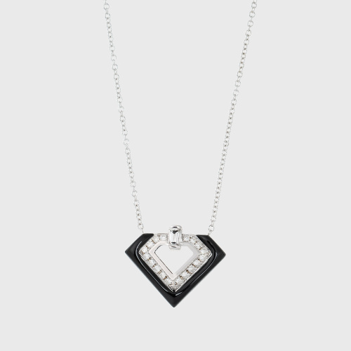 White gold pendant necklace with white diamonds, black and clear enamel