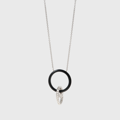 White gold pendant necklace with white diamonds and black enamel