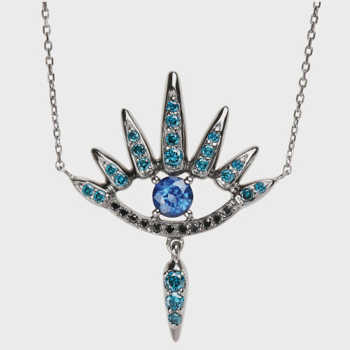 Black gold pendant necklace with blue diamonds, black diamonds and blue sapphires