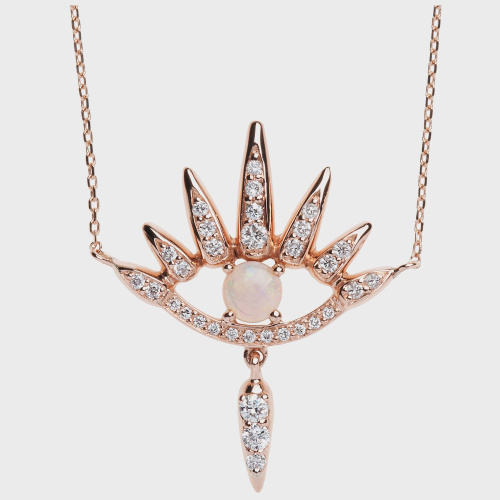 Rose gold pendant necklace with white diamonds and opals