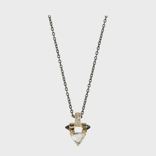 Yellow gold pendant necklace with white diamonds, trillion white diamond and onyx
