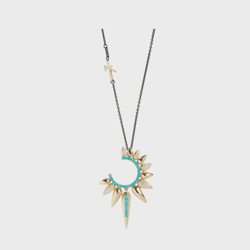 Yellow gold pendant necklace with white diamonds and turquoises