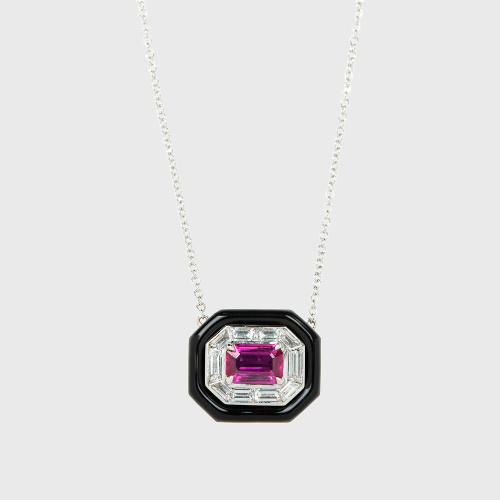 White gold pendant necklace with ruby, white diamond baguettes and black enamel