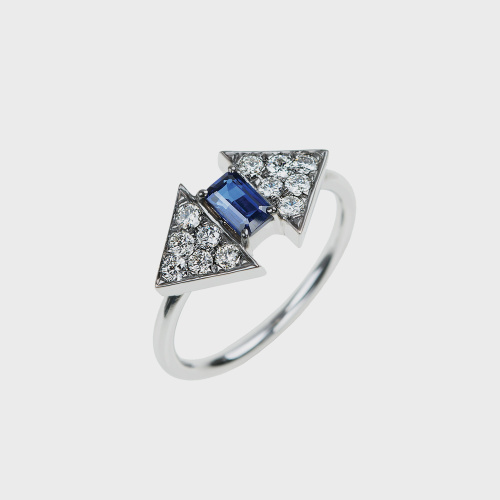 White gold band ring with white diamonds and sapphire
