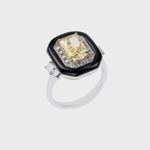 White gold ring with yellow diamond, white diamonds and black enamel