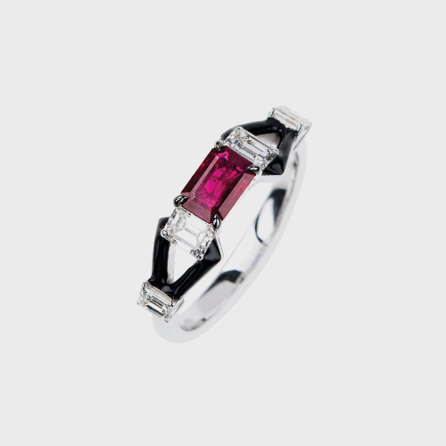 White gold band ring with ruby, white diamonds and black enamel