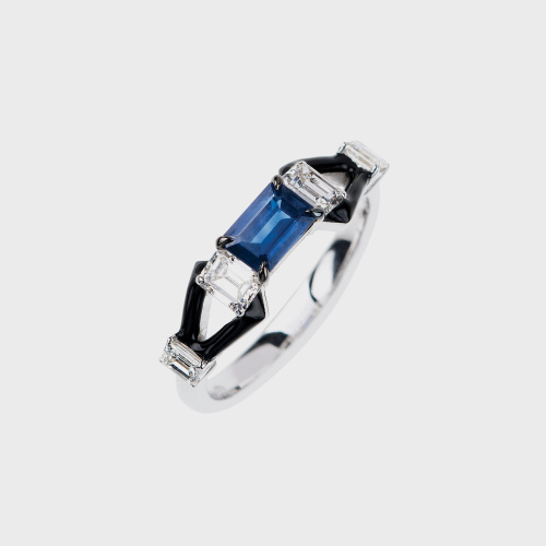 White gold band ring with blue sapphire, white diamonds and black enamel
