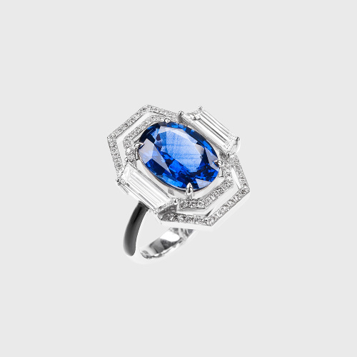 White gold ring with oval blue sapphire, white diamonds and black enamel