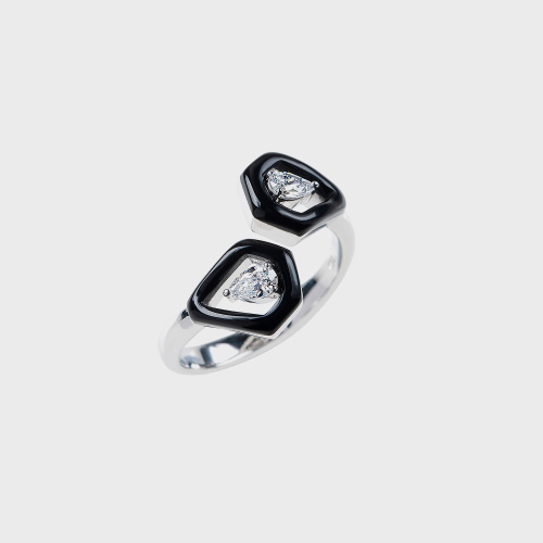 White gold open ring with pear shape white diamonds and black enamel