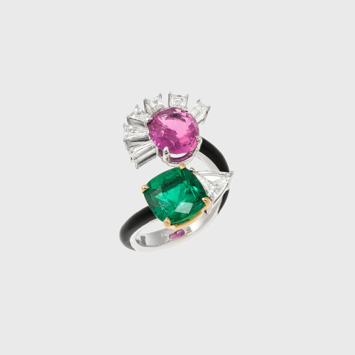 White gold ring with emerald, pink sapphire, white diamonds and black enamel
