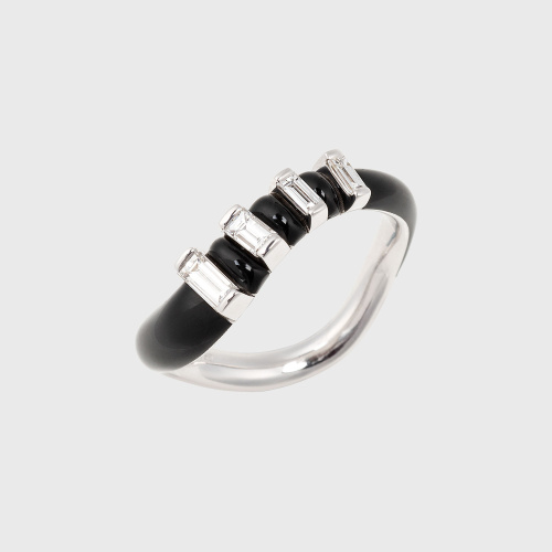 White gold band ring with white diamond baguettes and black enamel