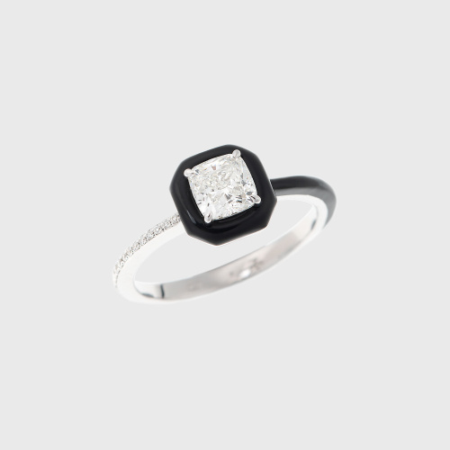 White gold ring with cushion cut white diamond, paved white diamonds and black enamel