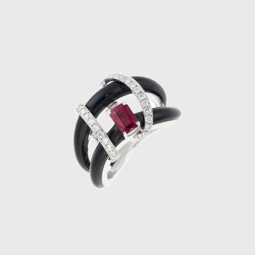 White gold double ring with ruby, white diamonds and black enamel