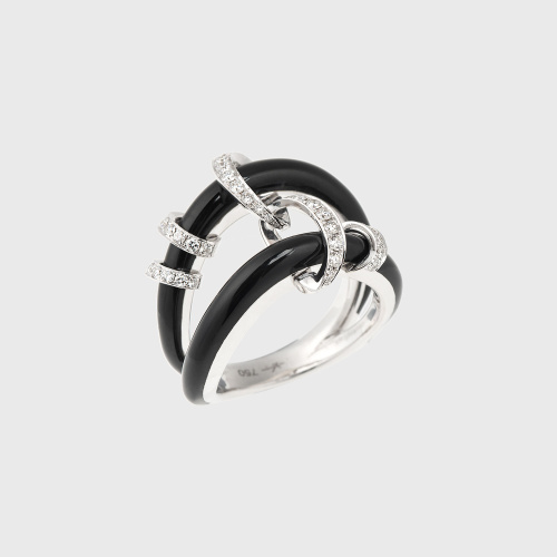 White gold double ring with white diamonds and black enamel