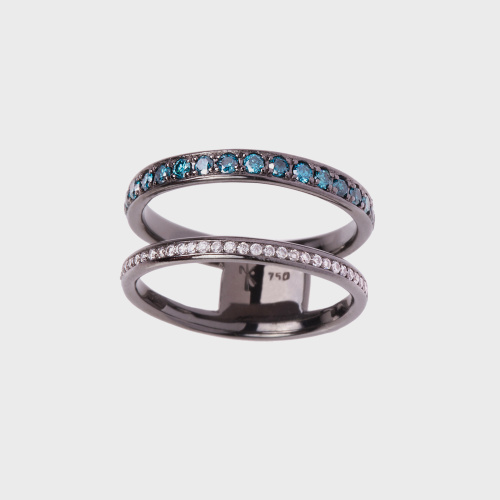 Black gold ring with white diamonds and blue diamonds