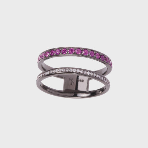 Black gold ring with white diamonds and rubies