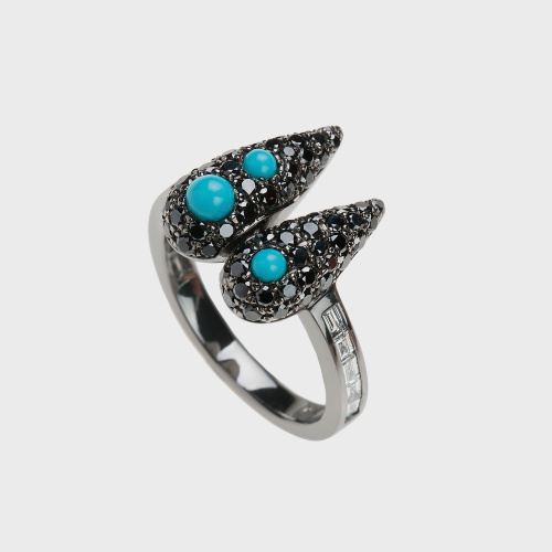 Black gold ring with white diamond baguettes, black diamonds and turquoise