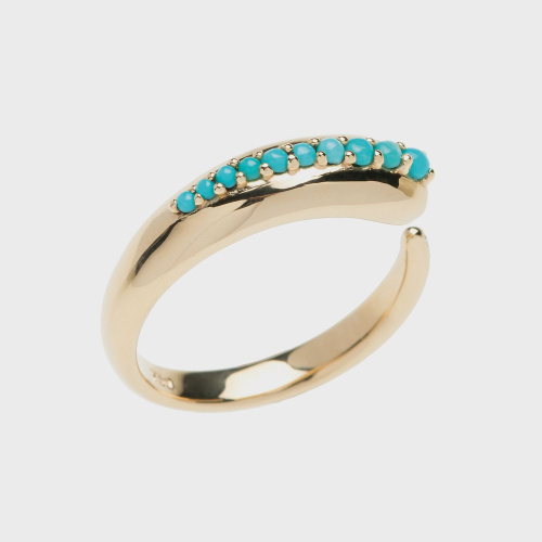 Yellow gold band open ring with turquoises