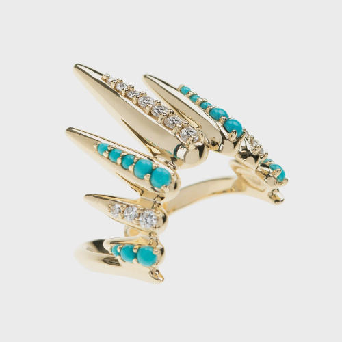 Yellow gold ring with white diamonds and turquoises