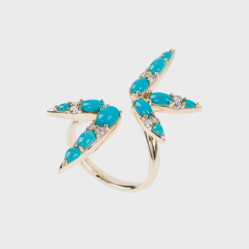 Yellow gold ring with turquoises and white diamonds
