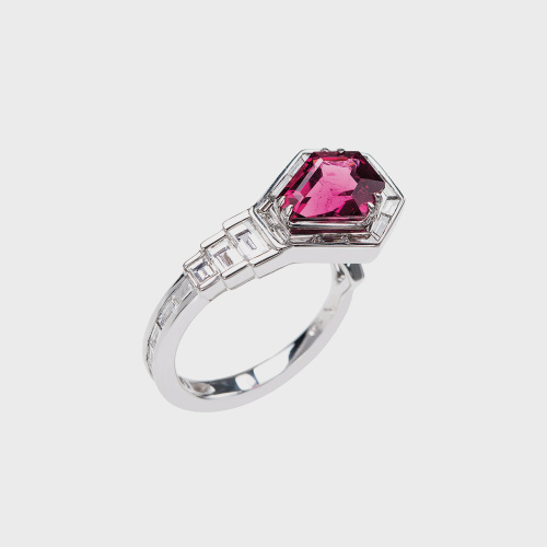 White gold open ring with white diamond baguettes and rubellite