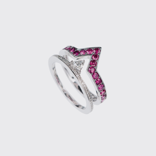 White gold band ring with white diamonds and rubies