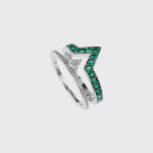 White gold band ring with white diamonds and emeralds